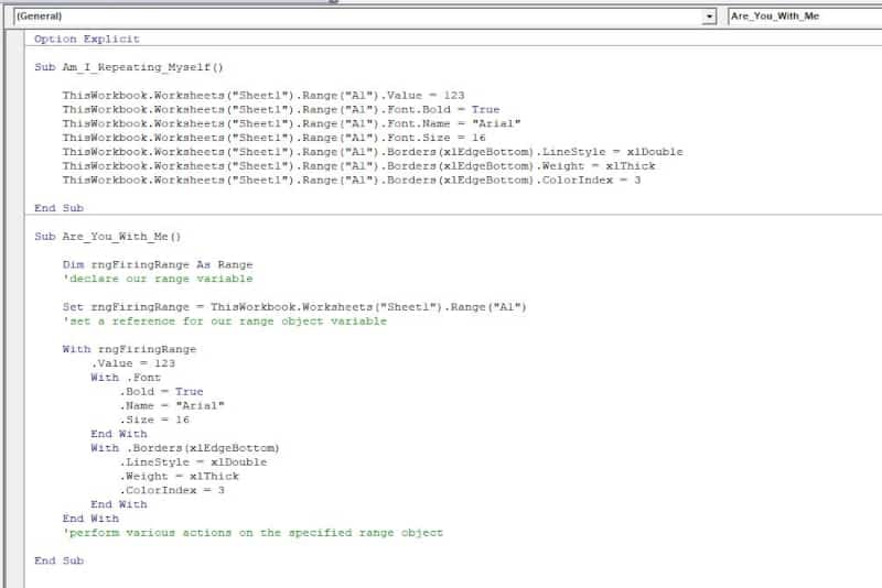 Excel VBA programming concepts - Object Variables and With Statements